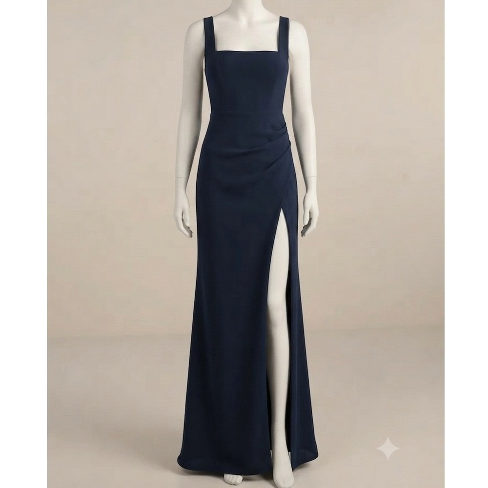 Lulus Navy Blue Ruched Square Neck Maxi Dress High Slit Formal Gown M